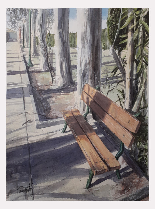 El Banco del parque. Acuarela 30x40 cm