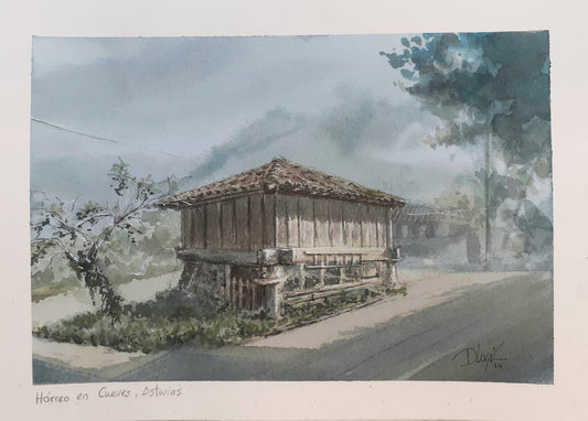 Hórreo en Cueves, Asturias (España). Acuarela 30x21 cm
