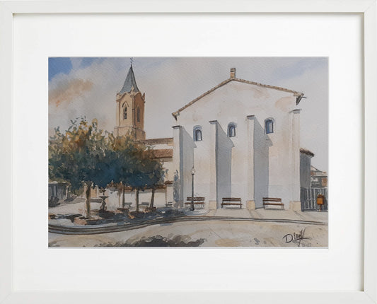 Plaza de la iglesia de Zuera. Acuarela 30x40 cm. Vendida