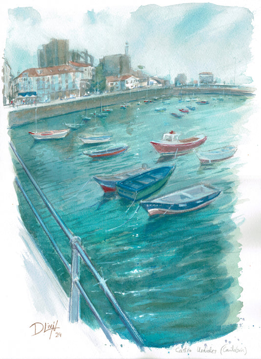 Puerto de Castro Urdiales (Cantabria). Acuarela 29,7x42 cm